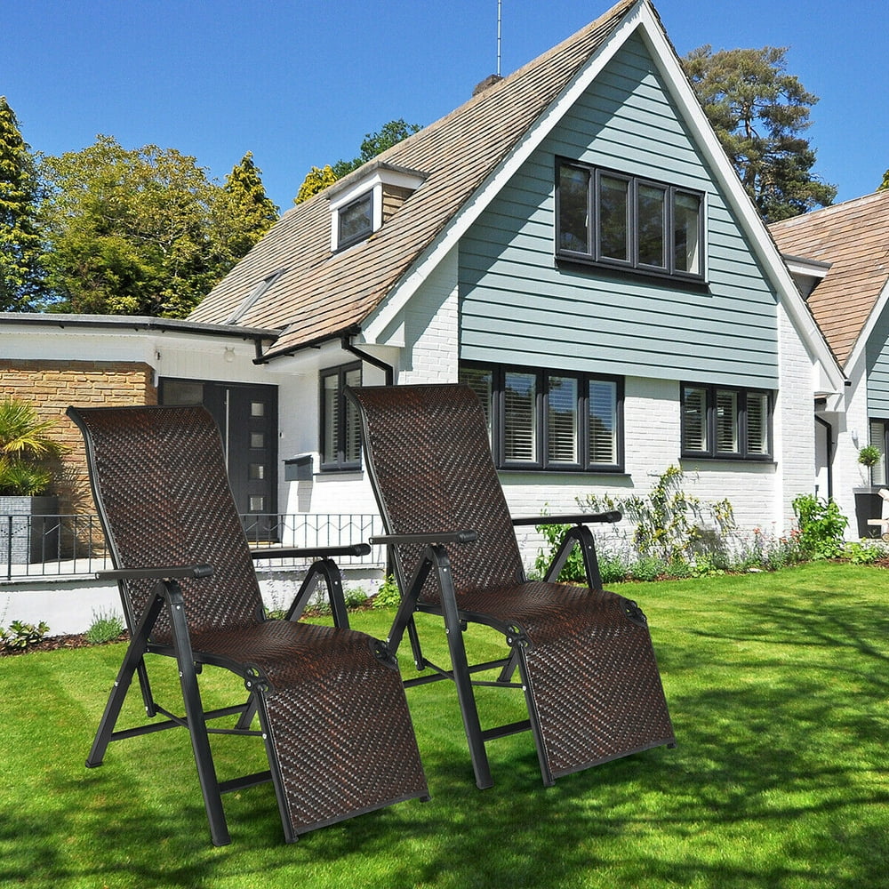 Gymax 2PCS Patio Rattan Folding Lounge Chair Recliner Back Adjustable