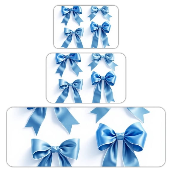 RKSupls Kitchen Rug Set 3 Piece Anti-Slip Flannel Floor Mats, Blue Satin Bows Washable Absorbent Runner Mats for Kitchen Bathroom Home Decor
