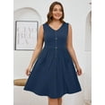 thumbnail image 5 of SHOWMALL Women Plus Summer Dresses Sleeveless Casual Loose Vintage Blue 1X Swing Button Down Midi Dress with Pockets, 5 of 6