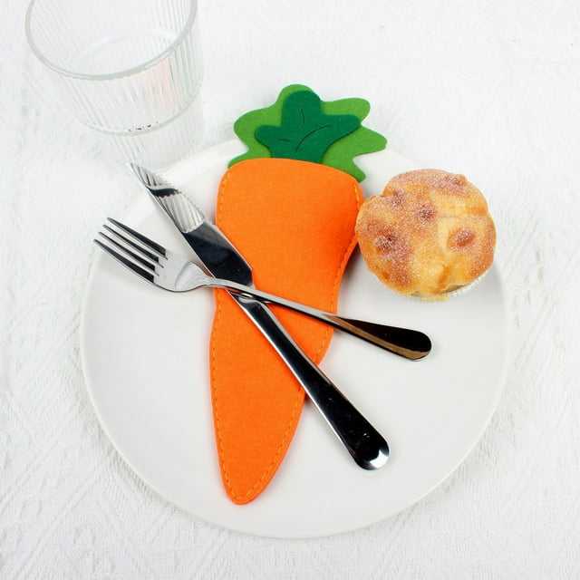 Fiudx Portacubiertos de Zanahoria de Pascua, Diseño Festivo de Fieltro, Tela Resistente, Perfecto para Decorar Mesas de Restaurante, Cenas Festivas, Juego de 2, Tamaño 25 X 8,5 Cm