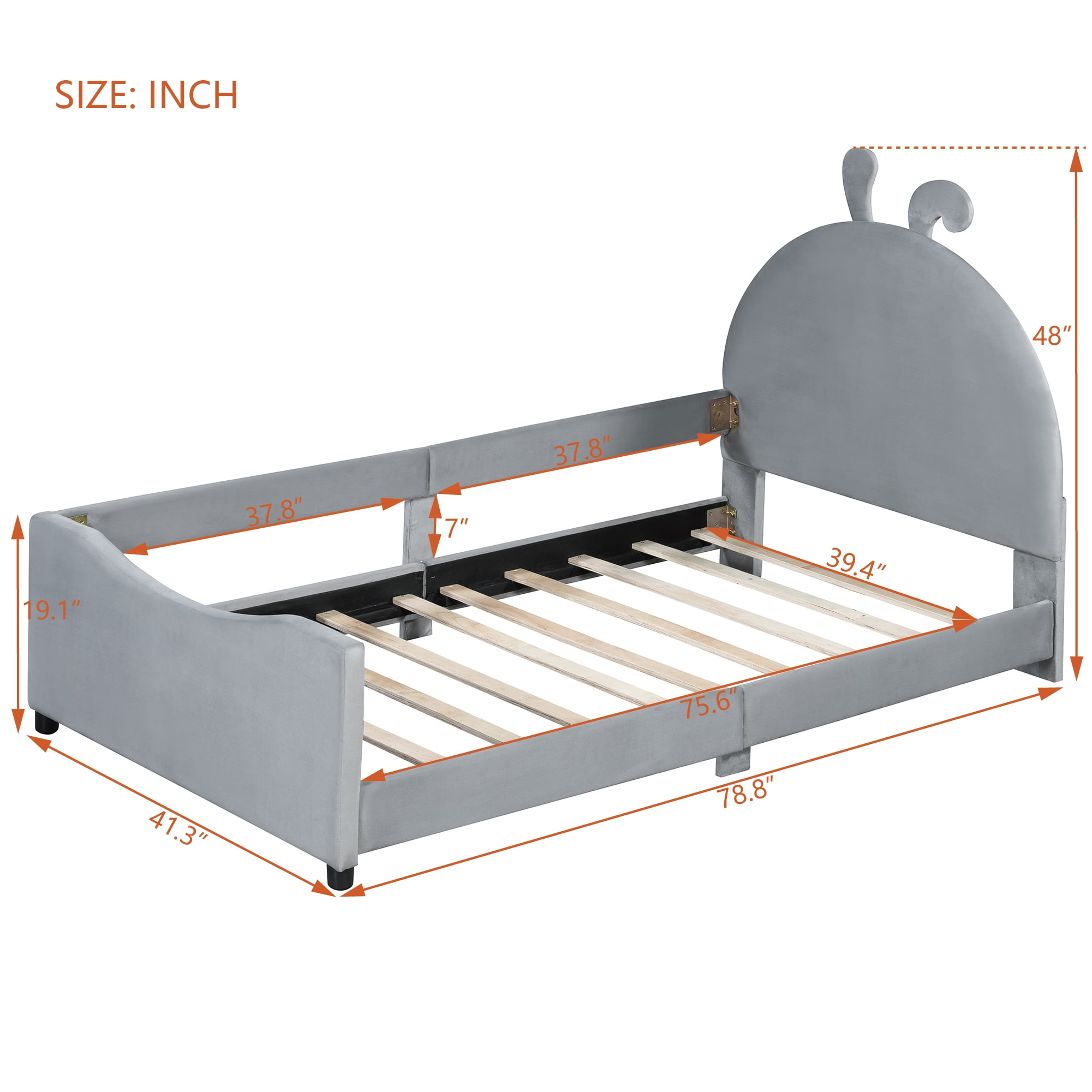 Aukfa Twin Size Upholstered Bed with Rabbit Ear Headboard, Daybed Frame for Kids Bedroom, Gray