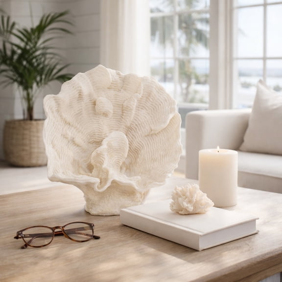 Decorative Resin Coral Fan Sculpture for Home Decor - Beach Decor for Entryway Table, Bedroom, and Living Room Accent - 12", Ivory