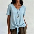 thumbnail image 4 of Craaazy Womens Summer Tops Short Sleeve Solid Color V Neck Button Front Tie Knot Cotton Linen Blouses for Casual Wear, 4 of 7