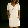 thumbnail image 4 of Admvng Womens Linen Dress Asymmetrical Buttons Short Sleeve V Neck Shift Dresses with Pockets, 4 of 7