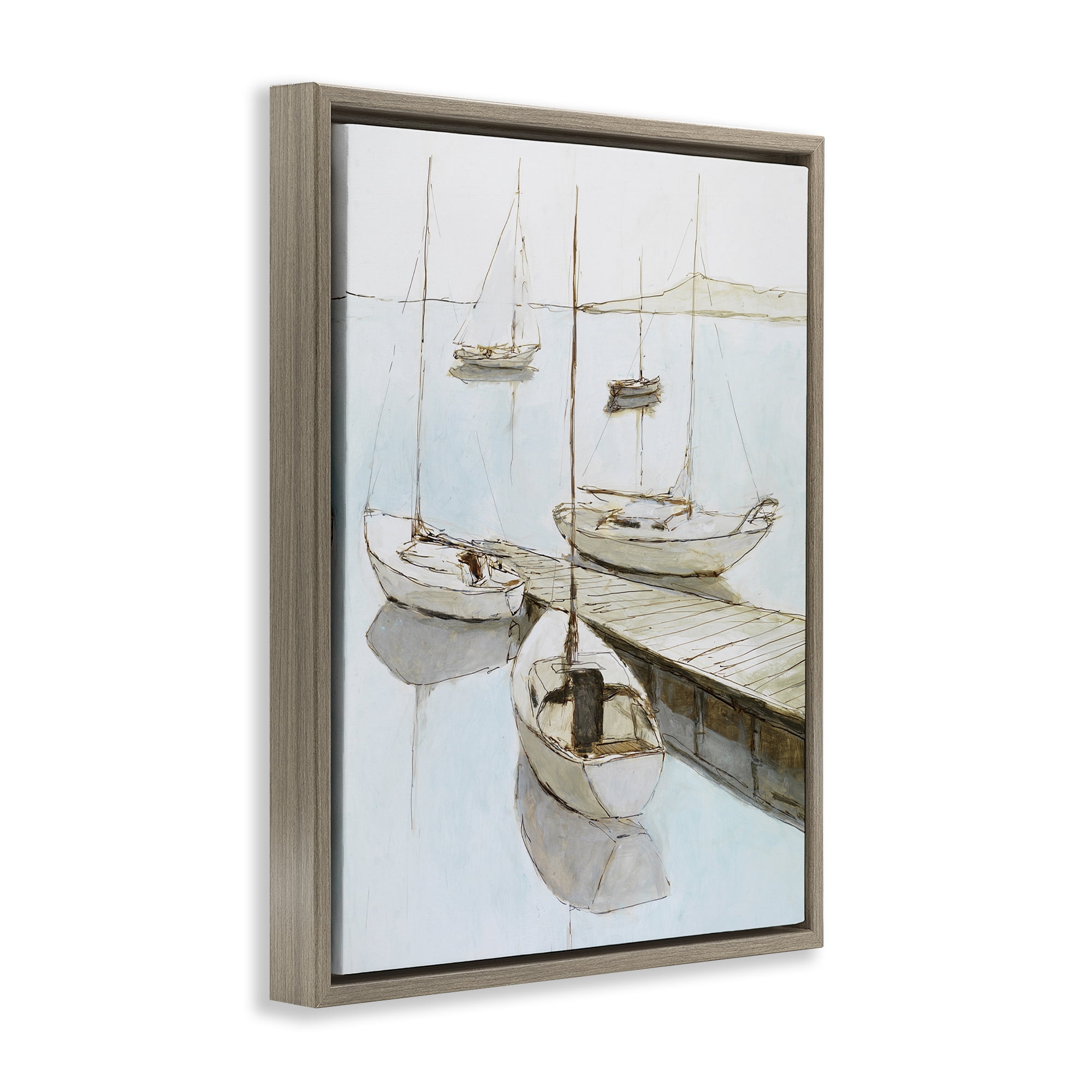 Stupell Industries Docked Sails Coastal Scene Brown Framed Floater Canvas Wall Art, design by Lorenzo Collective