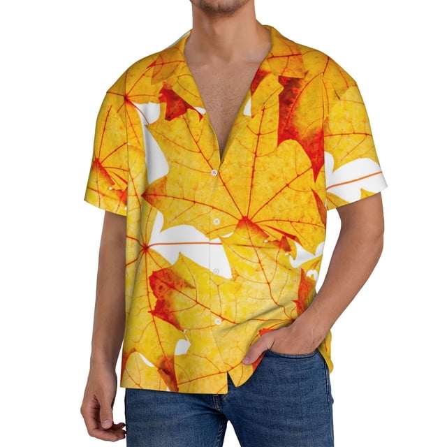 Fotbe Autumn Maple Leaves Camisa Estampada de Manga Corta para Hombre, Casual de Verano, Estilo Playero, Sin Arrugas-X-Large