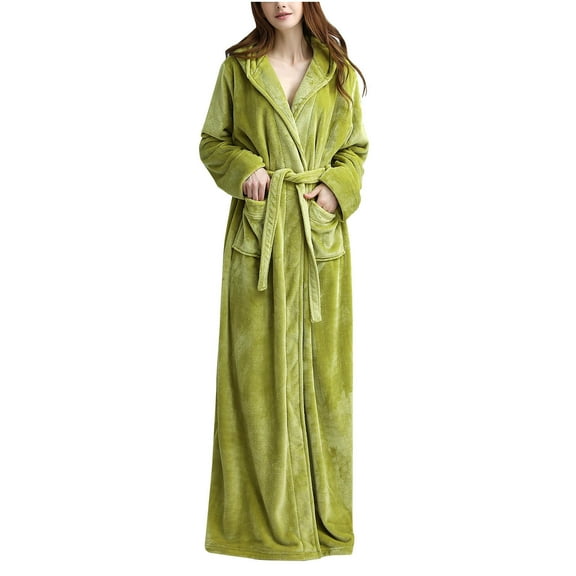Plush Long Hooded Robe for Women Flannel Fleece Full Length Bathrobe Winter Warm Pajamas Shower Nightgown Housecoat