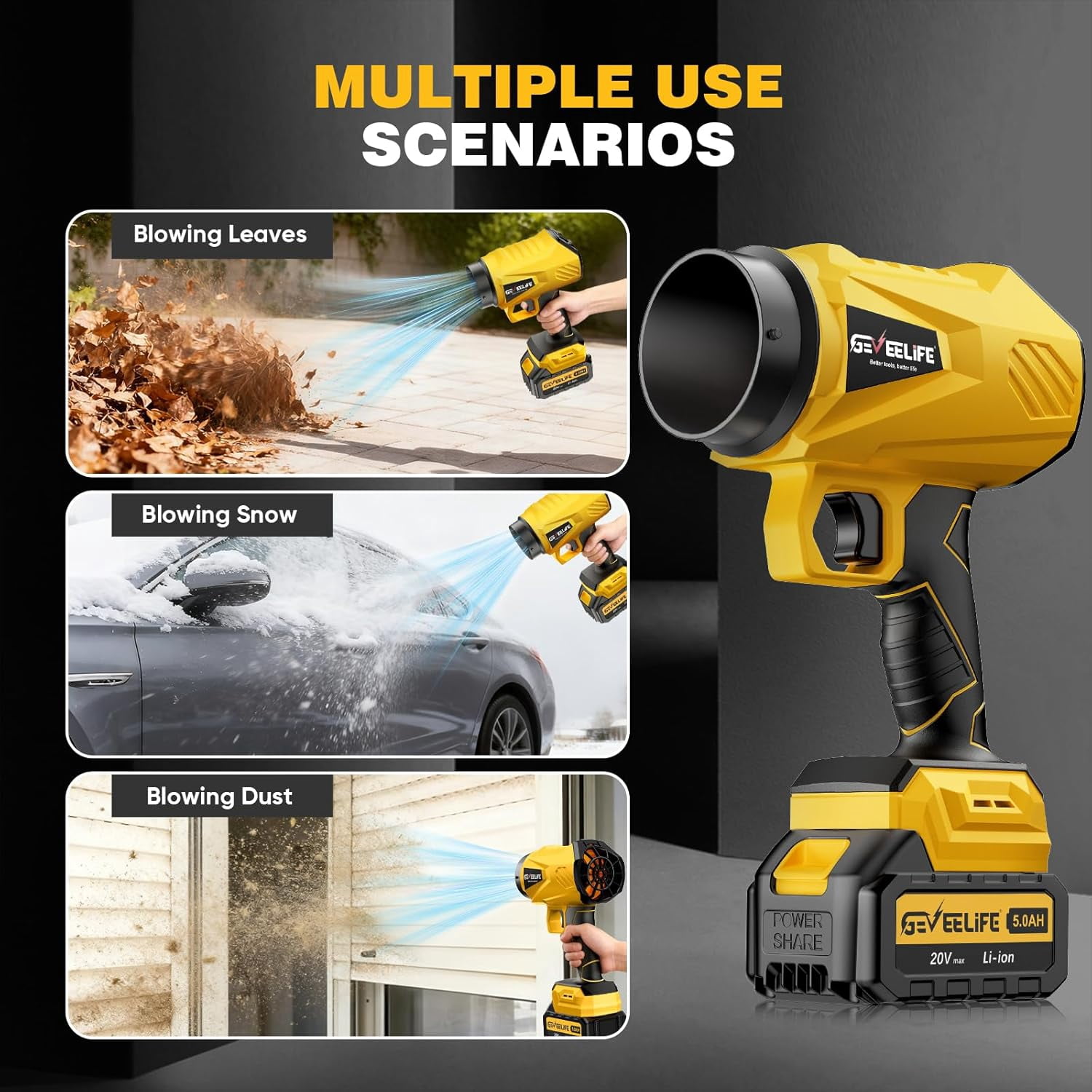 GEVEELIFE Leaf Blower Cordless 800000 RPM Cordless Turbo Jet Blower with 2 5.0Ah Batteries and Charger Handheld Blower for Patio Yellow