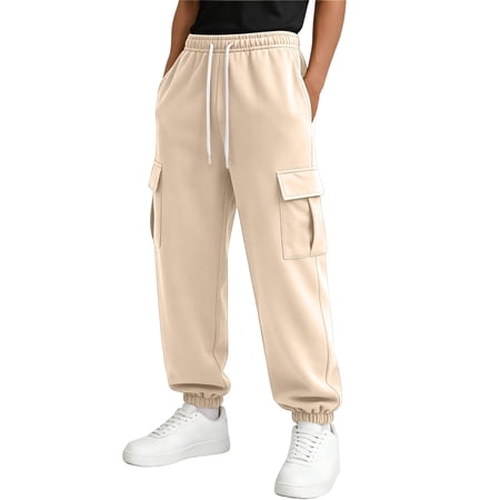 BXJX Boys Cargo Sweatpants Athletic Elastic Waist Casual Drawstring Jogger Pants with Pockets Beige Size 12-13 T