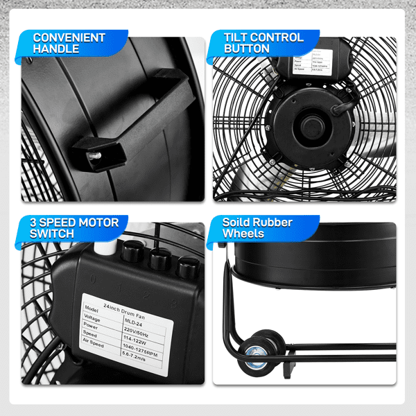 Alvantor 30-Inch High Velocity Floor Fan, 3-Speed, 230W, Black