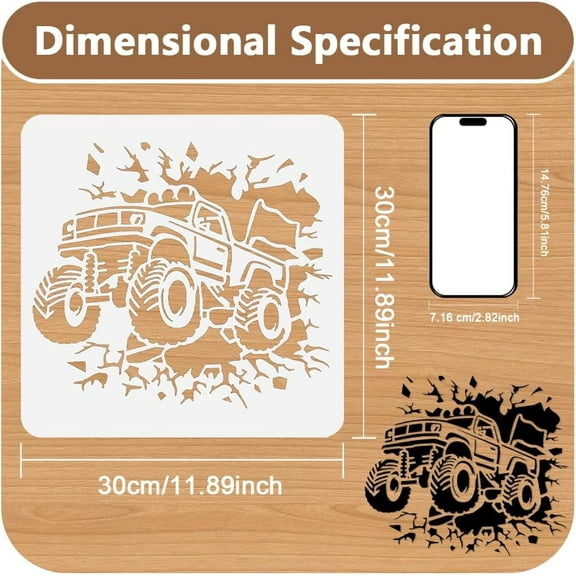 Monster Truck Stencil for Painting 11.8"x11.8" Reusable Plastic Crack Stencil Drawing Template Crashing Car DIY Craft Paint Template for Wall Home Decor Wood Burning Card Journal Paper