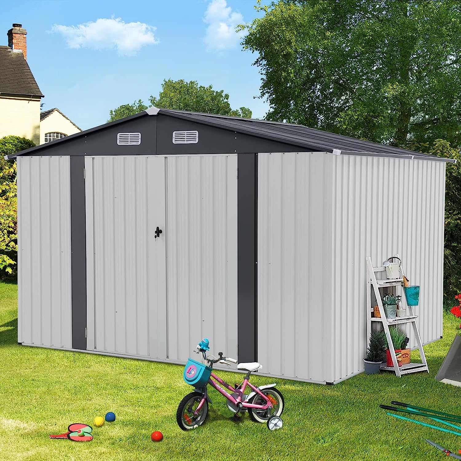 JOIVI Outdoor Storage Shed, 10'x8' Large Galvanized Steel Metal Garden Shed, Double Door W/Lock, Outdoor Storage House for Backyard Patio Lawn, White