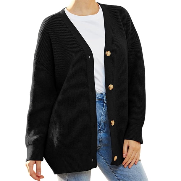 Suéteres de Rayas para Mujer, Suéteres de Botones Grandes, Cuello en V, Prendas de Punto Sueltas. Negro XXL