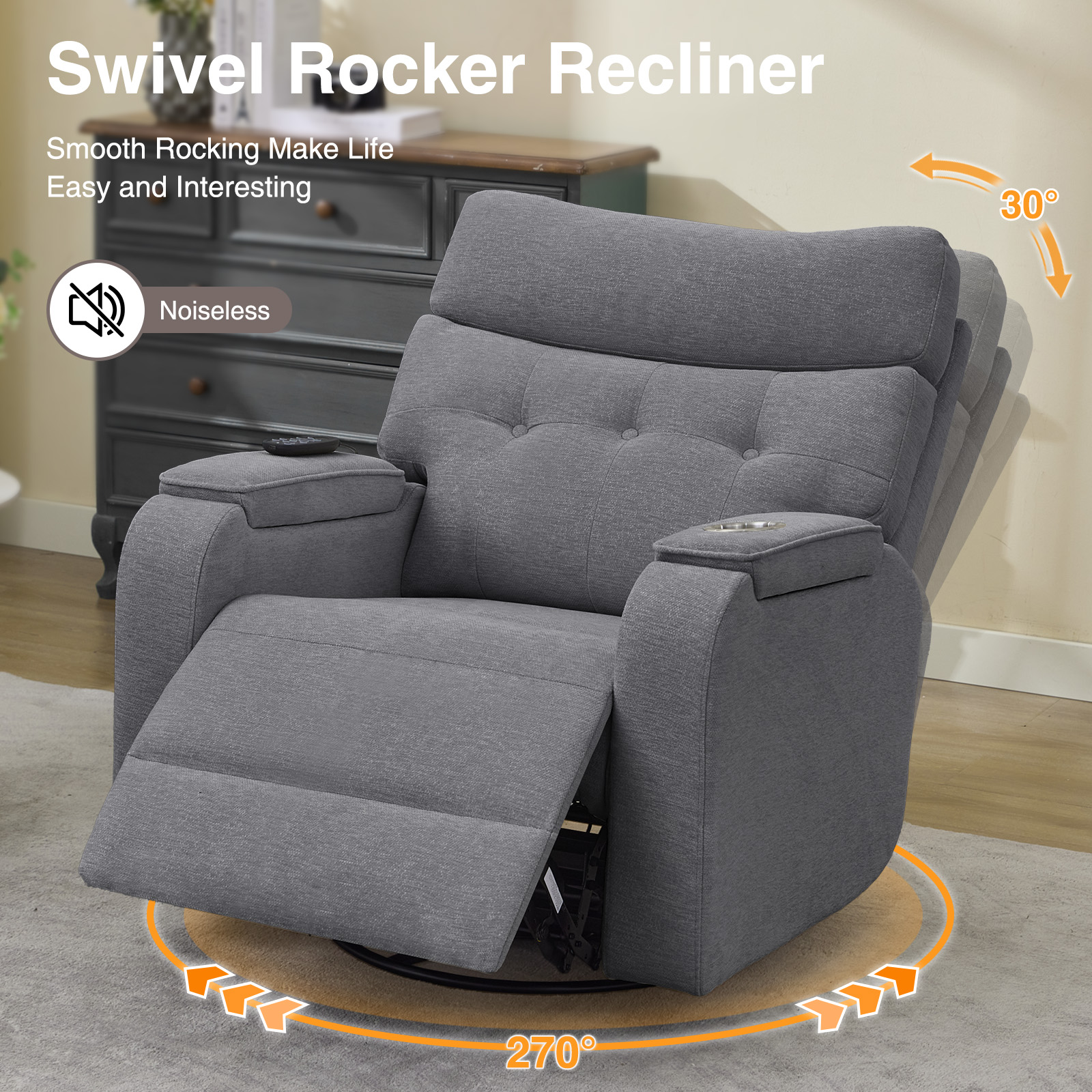 Aemeios 22in Wide Power Recliner Chair with Massage and Heat, Swivel Rocker, Grey