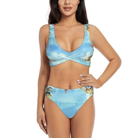 Zeuib Sea and Fish High Waisted Tummy Control Bikini Set - Knot Front Push Up Top & Cheeky Thong Bottom  Two-Piece Swimsuit for Women-X-Large