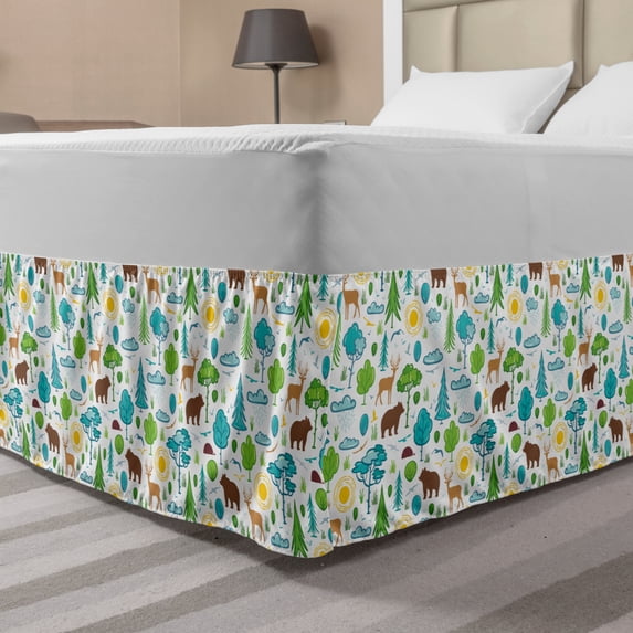 Animals Bed Skirt, Repeating Nature Themed Demonstration of Silhouette Style Forest Sun and Trees, Elastic Bedskirt Dust Ruffle Wrap Around for Bedding Decor, 4 Sizes, Multicolor, by Ambesonne