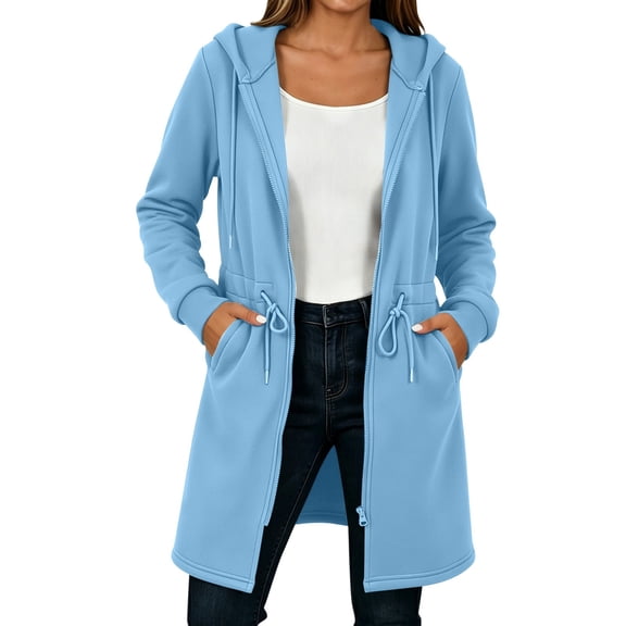 Sahpxhe Women's Zip up Hoodies Tunic Length Oversized Long Sleeve Sweatshirt Coat Casual Fall Outerwear Long Jackets Blue M