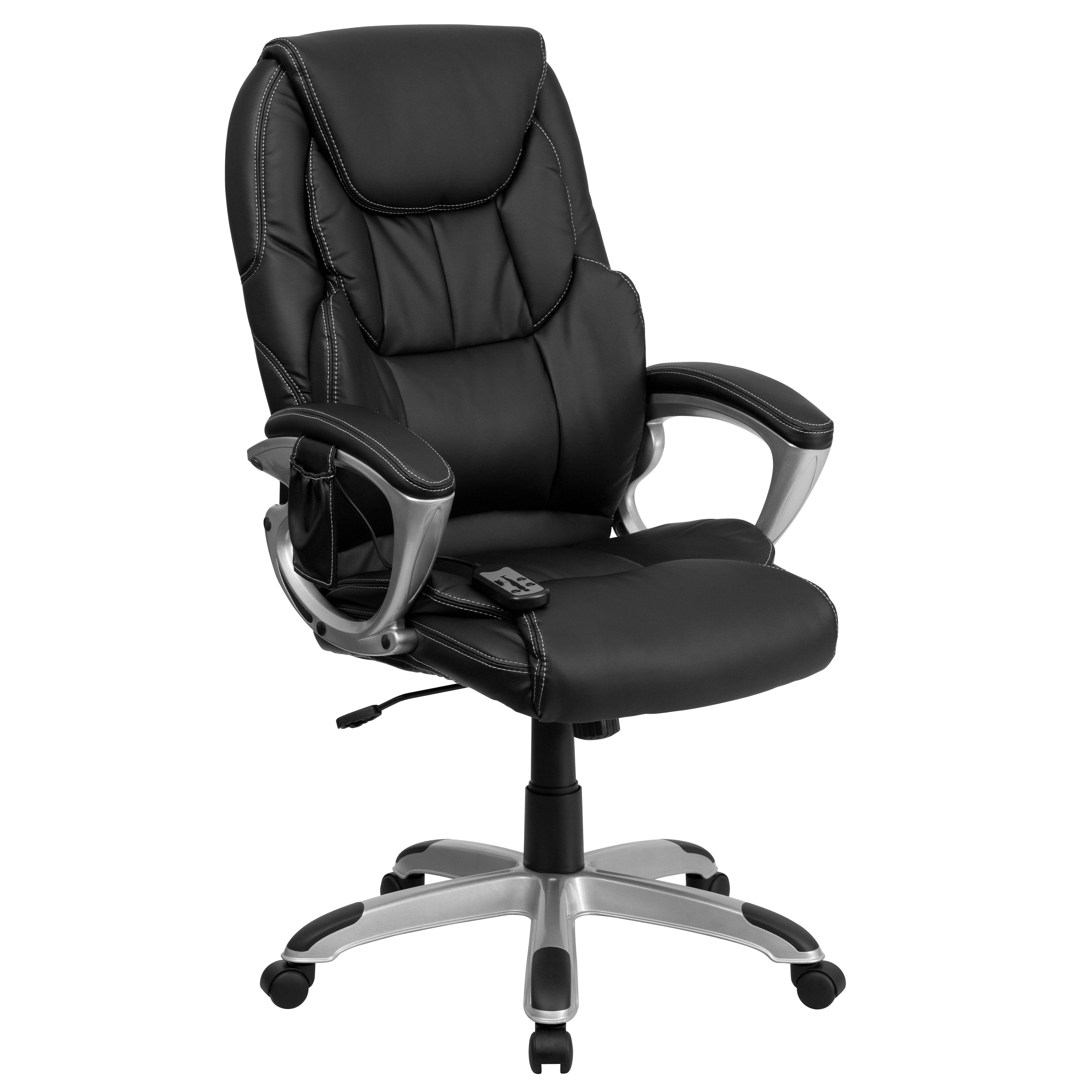 Flash Furniture High Back Ergonomic Massaging Black LeatherSoft Executive  Swivel Office Chair with Silver Base and Arms