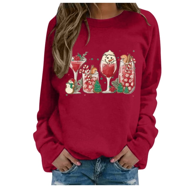 VBARHMQRT Chandails Courts pour Femmes Automne Hiver Noël Snowman Verre Imprimé Chandail à Capuchon Chandail à Capuchon