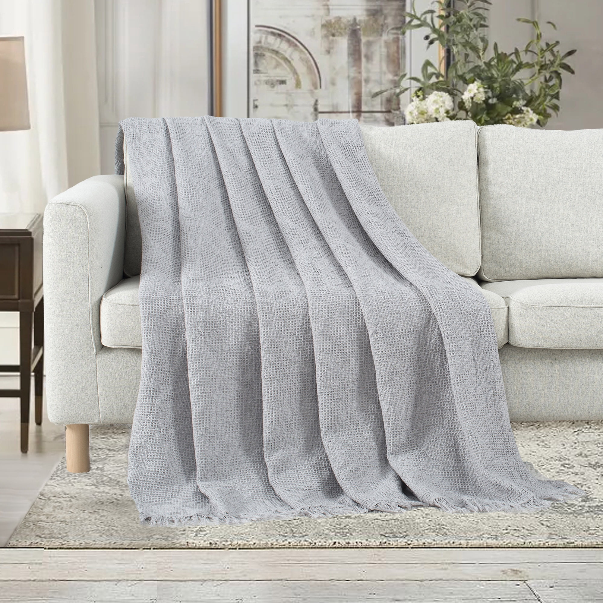 VERAMUSE 100% Cotton Blanket for Bed Grey 90"x90" Queen Size Breathable Thin Blankets for Summer