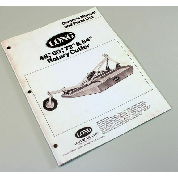 Long 498 499 Rotary Brush Cutter Owner Operators Parts Manual List 48" 60" Deck