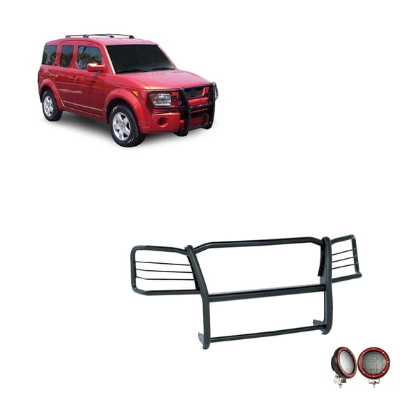 Black Horse Grille brush Bumper Guard Modular Black Come With Pair of 5.3" Dia.LED Lights with Red Trim Rings Compatible with 2003-2008 Honda Element-17A155900MA-PLFR