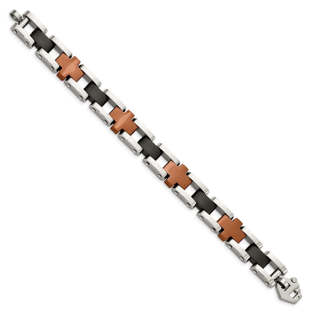 Diamond2Deal Stainless Steel Brushed and Polished Black and Brown IP-Plated Cross Link Bracelet for Men 8.75"