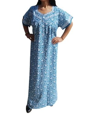 Mogul Womens Cotton Blue Caftan Dress Nightwear Summer Comfy Printed Short Sleeves Sleepwear Maxi Kaftan