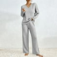 thumbnail image 2 of Women’s Ribbed Knit Two Piece Lounge Set Long Sleeve V Neck Pullover Sweater Top and Wide Leg Pants Soft Comfy Matching Pajama Outfit for Fall and Winter Nights, 2 of 9