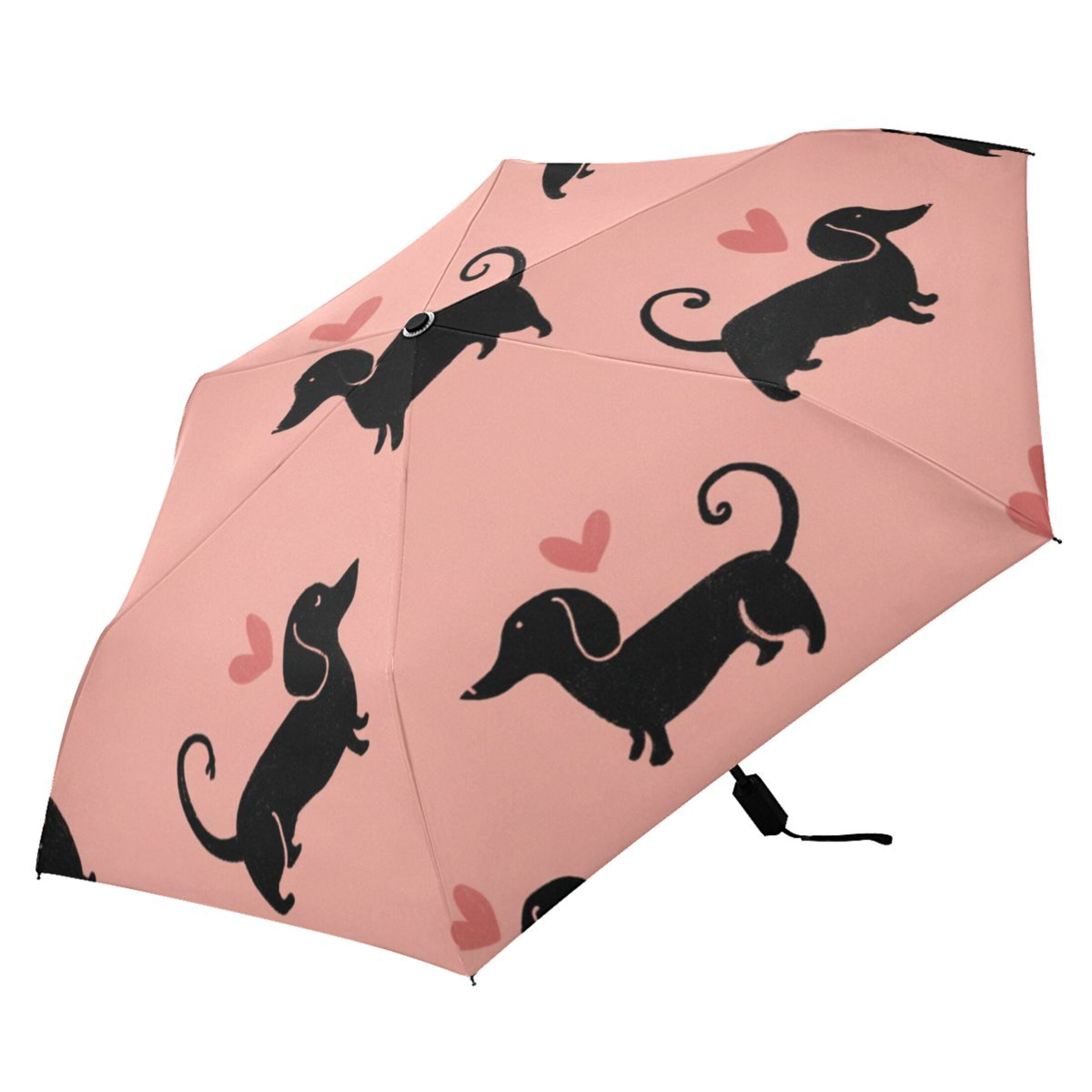 Dachshund Dog with Hearts Valentine All Weather Umbrella Triple Folding Parasol 6 Ribs UV Protection Portable