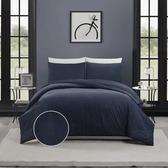 3 Piece Full/Queen Corduroy Comforter Set Ribbed Texture Bedding Set Blue