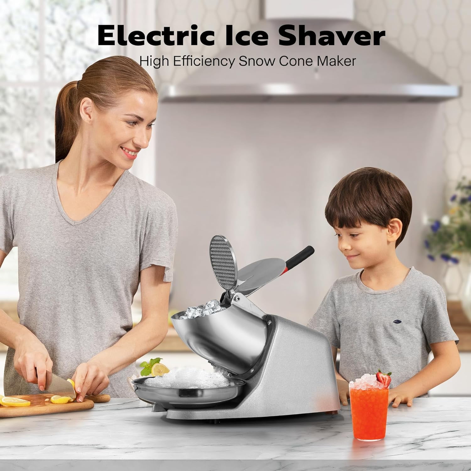 SPECSTAR Electric Dual Blades Ice Crusher Shaver Snow Cone Maker Machine Silver 173lbs/hr with Ice Pick for Home and Commercial Use