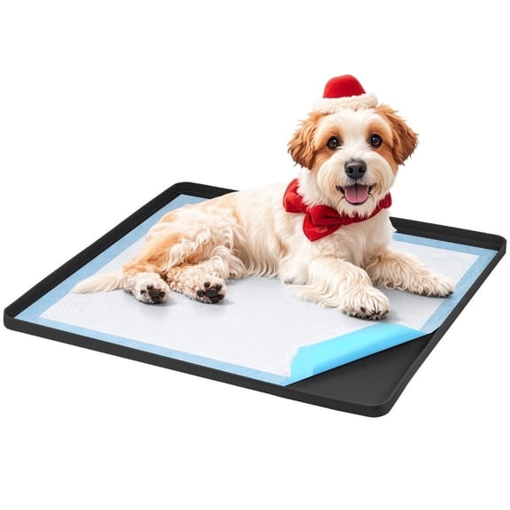 Pee Pad Holder for Dogs,24"x24" Non-Slip & Leak-Proof & Portable Silicone Mat with Raised Edge Design, Square Puppy Potty Training Tray for Home Floor Protection(Black)