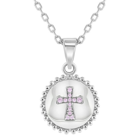 925 Sterling Silver Girl's 16" Cross Medal Pink Cubic Zirconia Pendant Necklace