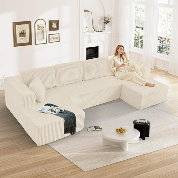 NeoKo Cloud Couch Sectional Modular Sofa, 132" Comfy Boneless Sectionals for Living Room, Modern Plush Memory Foam U Shaped Sofa Corduroy Sectional Floor Couch with Chaise Lounge, Beige