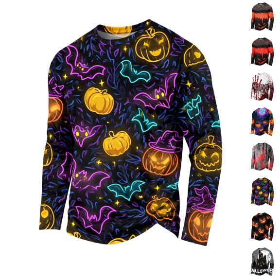 Halloween Shirts for Men Castle Spider Loose Fit Crew Neck Horror Costumes Ghost Graphic Print Long Sleeve Scary Funny Shirt 3XL