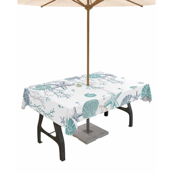 Hokiten Outdoor Tablecloths with Umbrella Hole & Zipper, Ocean Coastal Rectangle Tablecloth 52x70 Inch, Nautical Starfish Conch Seashells Coral Waterproof Table Cloth, Patio/Pool/Picnic Table Covers