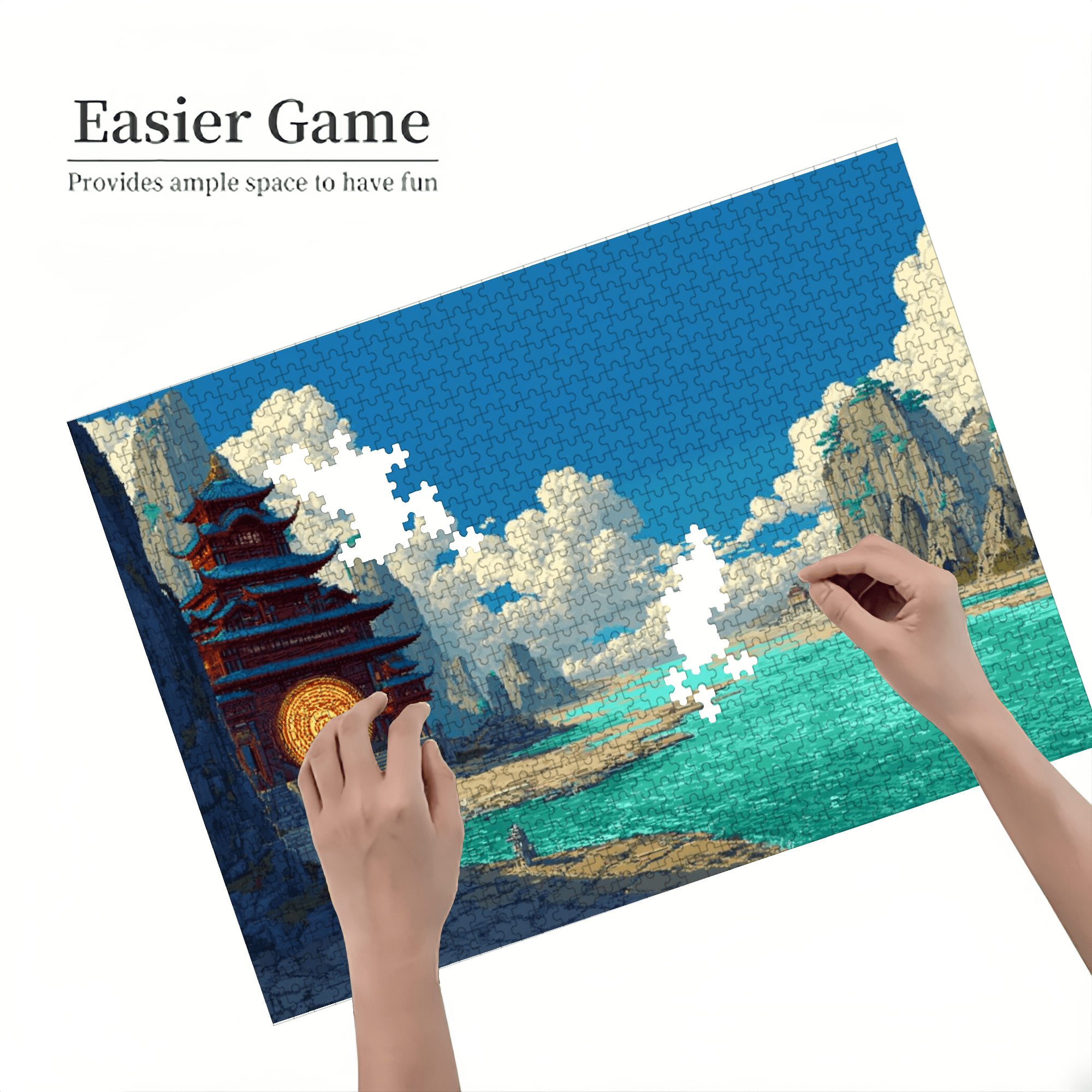 A Box of (1000pcs) Puzzles, with Seaside Immortal Gate Design, High Difficulty, Suitable, Family Entertainment, Home Decoration. 29.4*19.6 in