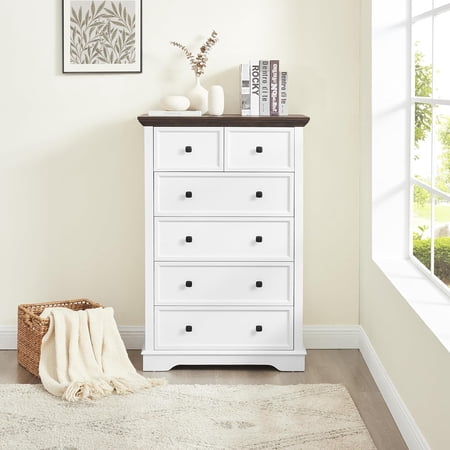 6 Drawer Dresser Modern Wide Chest of Drawers with Metal Square Handles Wooden Tall Dresser with Spacious Tabletop Closet Storage Organizer Unit Storage Tower for Living Room Hallway White