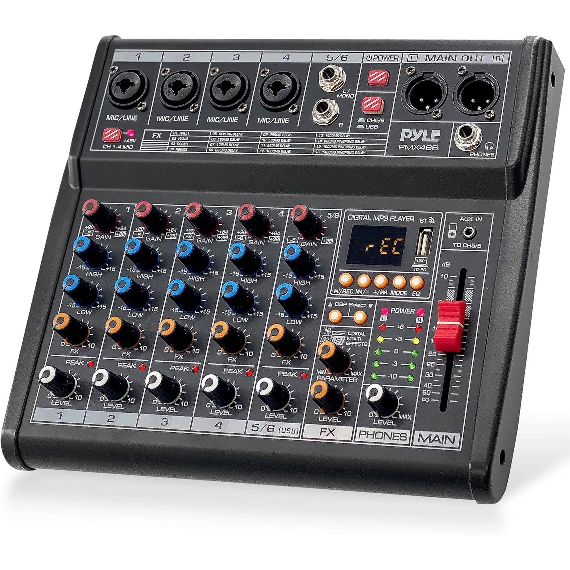 Pyle PMX466 - 6-Channel Audio Mixer w/ Recording Interface - Built-in Multi-FX Processor/AUX Input & MP3 Player, 4 XLR I/O Connectors