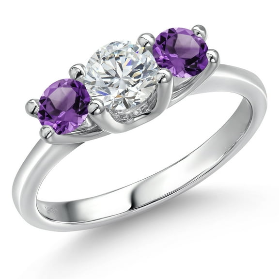 Gem Stone King 14K White Gold White Lab Grown Diamond & Purple Amethyst 3-Stone Engagement Ring | 1.00 Cttw | Round 5MM and 4MM | Three Stone Wedding Anniversary Promise Ring for Women (Size 8)