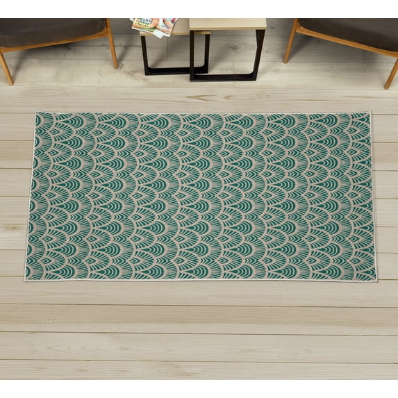 Japanese Art Decorative Rug, Fish Scale Inspired Vintage Hand Drawn Oriental Geometric Lines Motifs, Quality Carpet for Bedroom Dorm and Living Room, 6 Sizes, Sea Green, by Ambesonne