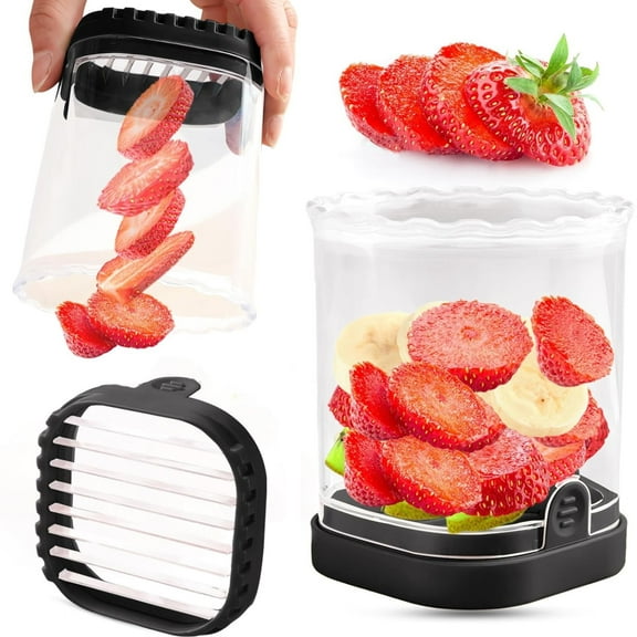 Fruit Slicer Cup | Strawberry Slicer | Banana Slicer | Grape Cutter | Egg Slicers | Detachable Fruit Cutter Slicer with Push Plate | Creative Strawberry Slicer Kitchen Gadget (Black)