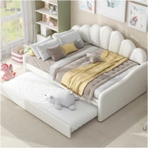 JERFIT Full Size Daybed with Trundle, Upholstered Velvet Sofa Bed, White Shell Shaped Backrest for Living Room Guest Room
