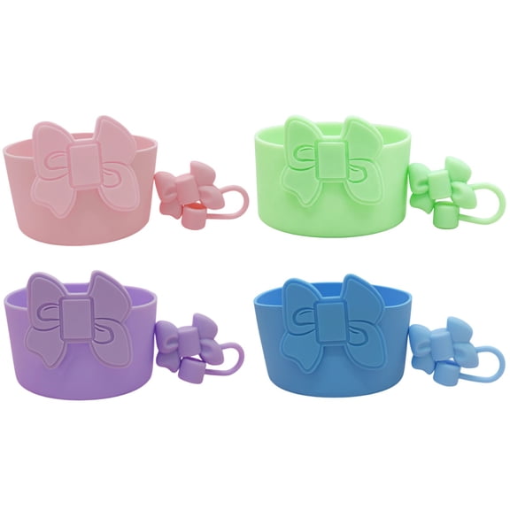 4 Pcs Bow Silicone Tumbler Bottom Protector, Cute Cup Accessory with Straw Topper, Food-Safe Protective Boot for Stanley, Anti-Slip, 3.1 in Diameter, 0.4 in Straw Opening, Multicolor Drinkware Guard