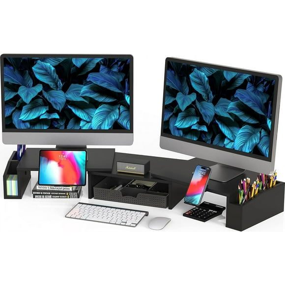 UTAH-SimpleHouseware Dual Monitor Stand Riser of Adjustable Length and Angle Shelf with Holder and Drawer, Black