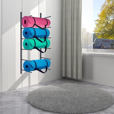 Fichiouy 6-Tier Foam Roller Yoga Mat Storage Rack Wall Mount Yoga Mat Organizer Holder Black