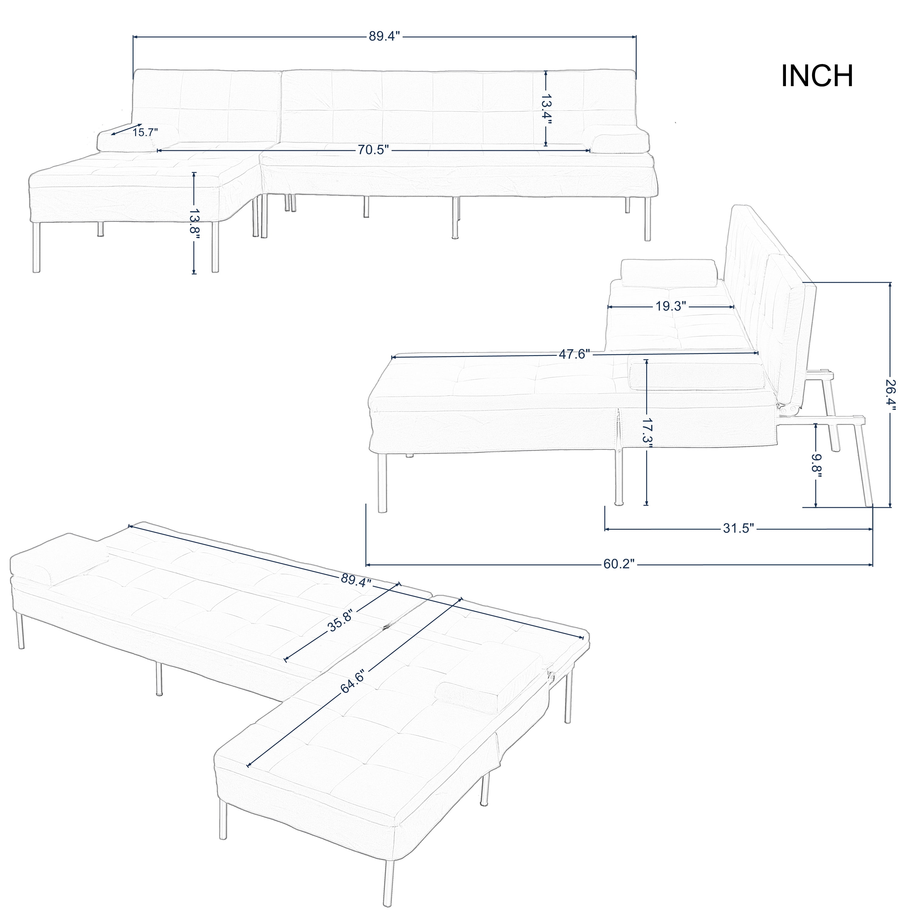 BSHTI 89.4" Convertible L-Shaped Sectional Sofa Bed with Reversible Chaise, 5-Position Adjustable Backrest, All-Iron Frame & 2 Armrest Cushions, Sectional Couches for Living Room