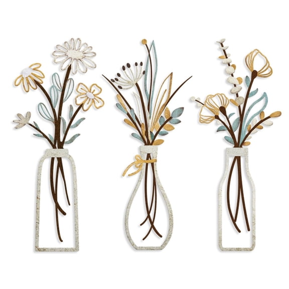 Rustic Farmhouse Boho Metal Flower Wall Art Set of 3 Minimalist Home Decor for Living Room Bathroom Bedroom Dining Room Beige Vase Wall Decor Housewarming Christmas Gift