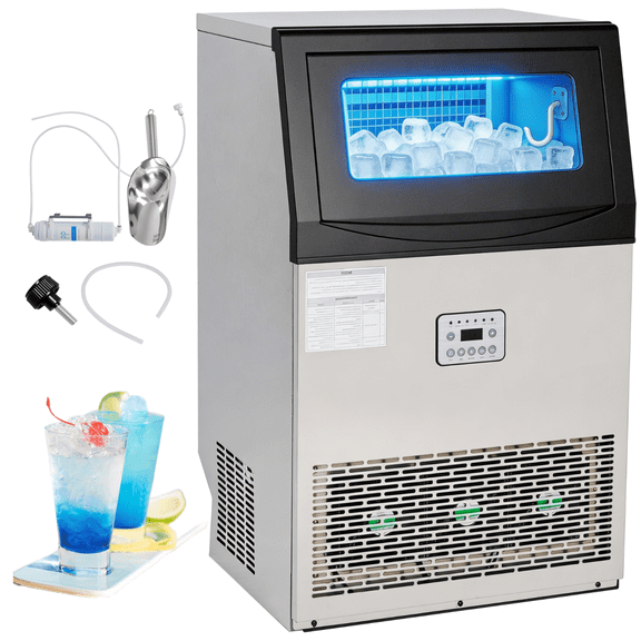 Commercial Ice Maker Machine, 110 Lbs/24H with 33 Lbs Storage, 50 Cubes, Under Counter/Freestanding Ice Makers, Stainless Steel
